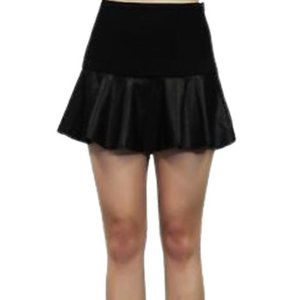 Black Mini Stretch Fabric Skirt With Faux Leather Pleated Flounce Hem
